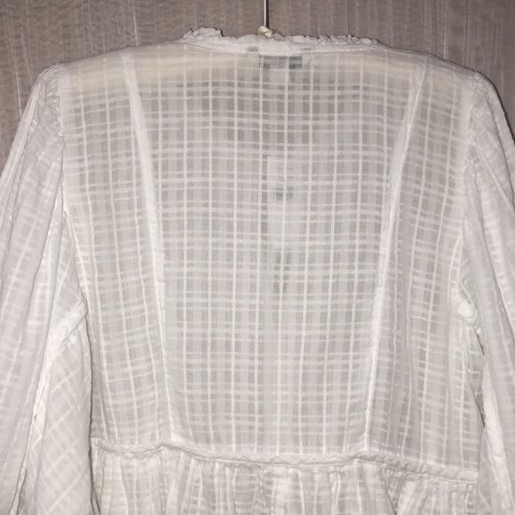 AE M Sheer Crisp White Baby Doll Balloon Sleeve Plaid Blouse - Picture 4 of 13